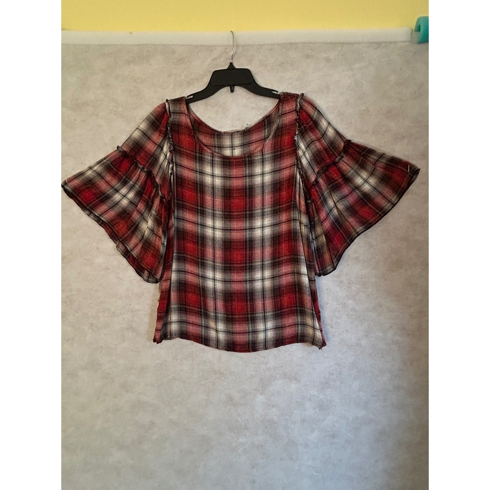 Seven7 Red Plaid Tiered Bell Sleeve Blouse Womens Medium Scoop Neck Boho Top